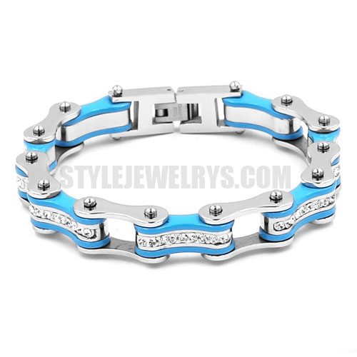 Stainless Steel Rhinestone Biker Bracelet Stainless Steel Jewelry Fashion Silver and Blue Bicycle Chain Motor Bracelet SJB0313 - Click Image to Close